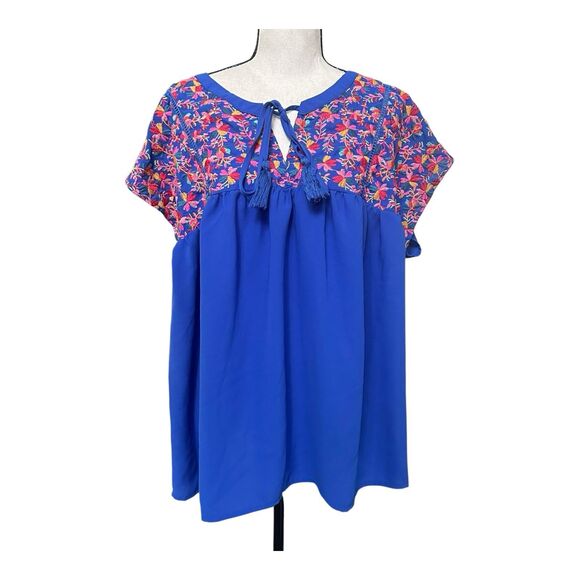Savanna Jane Royal Blue Embroidered Tassel-Neck Savanna Jane Boho Peasant Top 1X - Picture 1 of 6